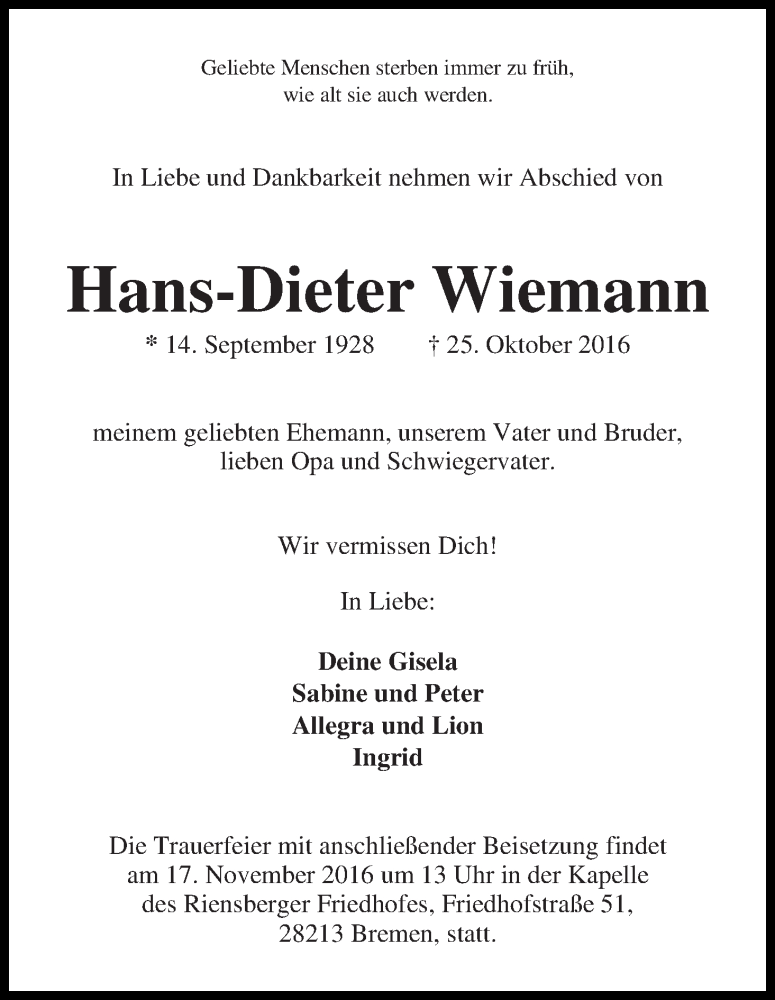 Traueranzeige von Hans-Dieter Wiemann von WESER-KURIER