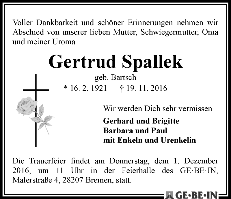 Traueranzeige von Gertrud Spallek von WESER-KURIER