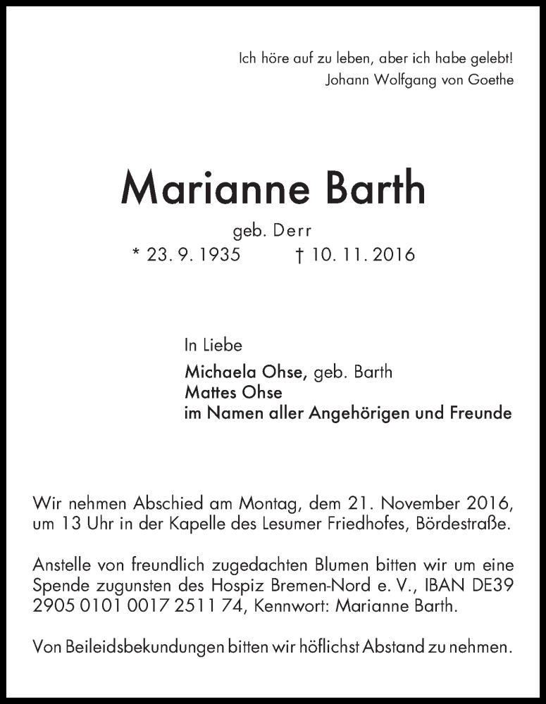 Traueranzeige von Marianne Barth von Die Norddeutsche