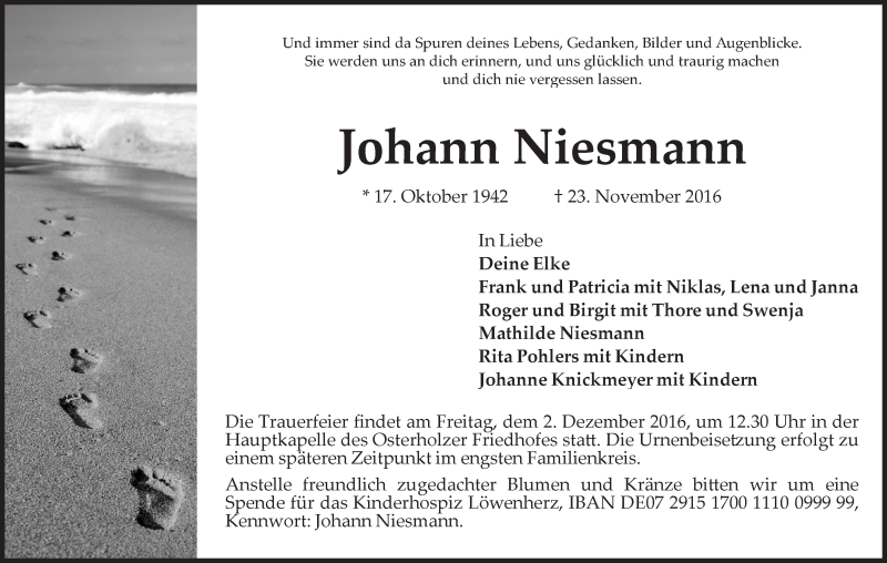 Traueranzeige von Johann Niesmann von WESER-KURIER