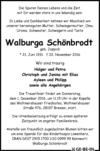 Traueranzeige von Walburga Schönbrodt