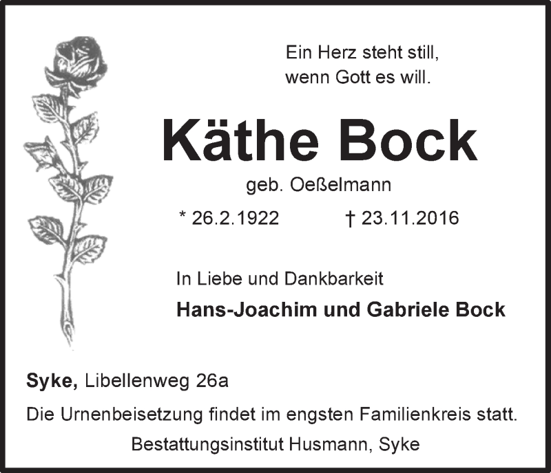 Traueranzeige von Käthe Bock von WESER-KURIER