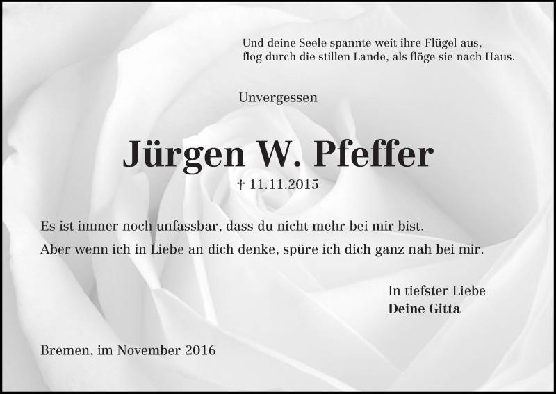  Traueranzeige für Jürgen W. Pfeffer vom 11.11.2016 aus WESER-KURIER