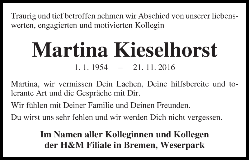 Traueranzeige von Martina Kieselhorst von WESER-KURIER