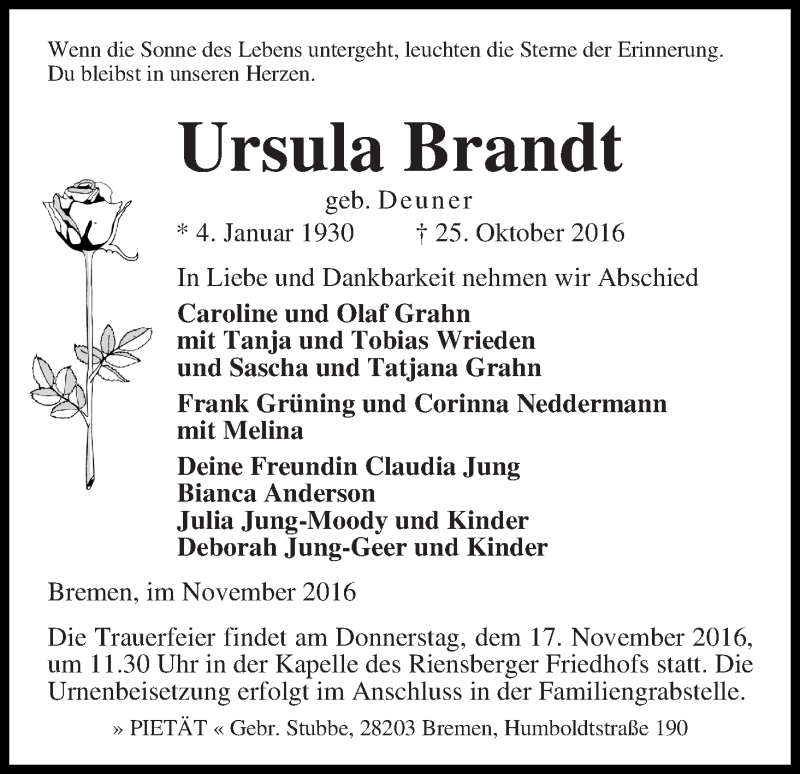 Traueranzeige von Ursula Brandt von WESER-KURIER