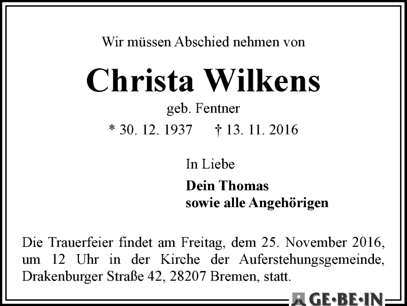 Traueranzeige von Christa Wilkens von WESER-KURIER