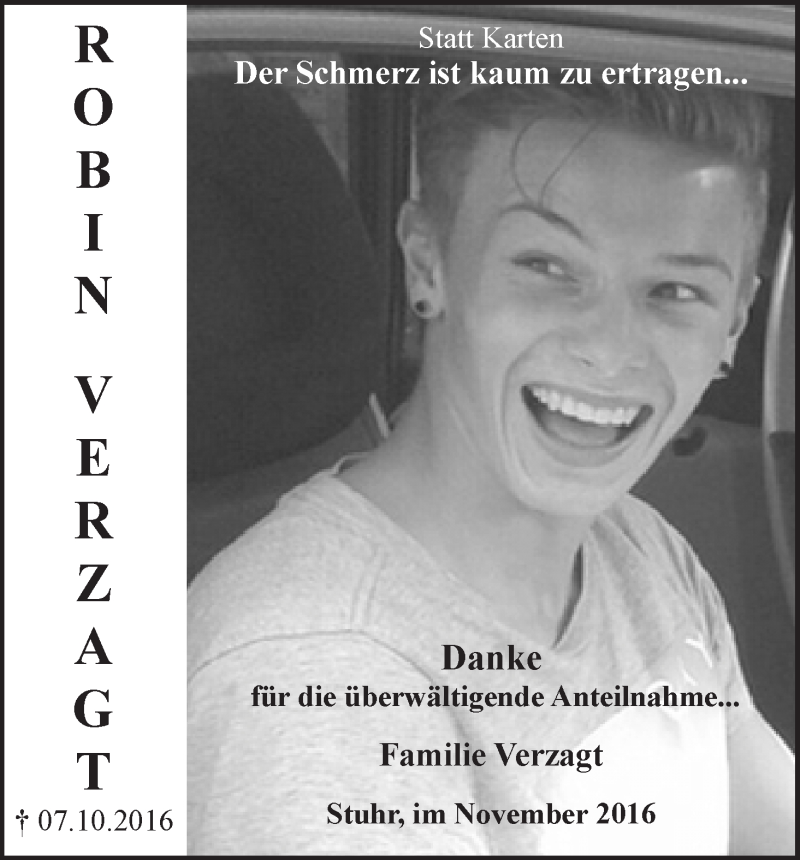  Traueranzeige für Robin Verzagt vom 12.11.2016 aus WESER-KURIER
