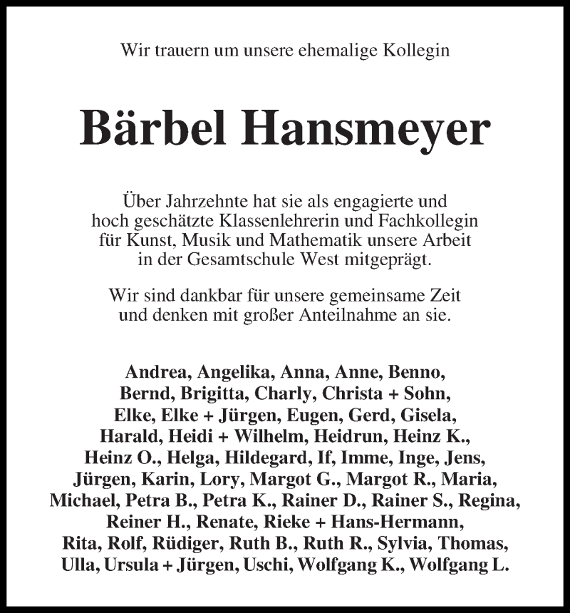 Traueranzeige von Bärbel Hansmeyer von WESER-KURIER