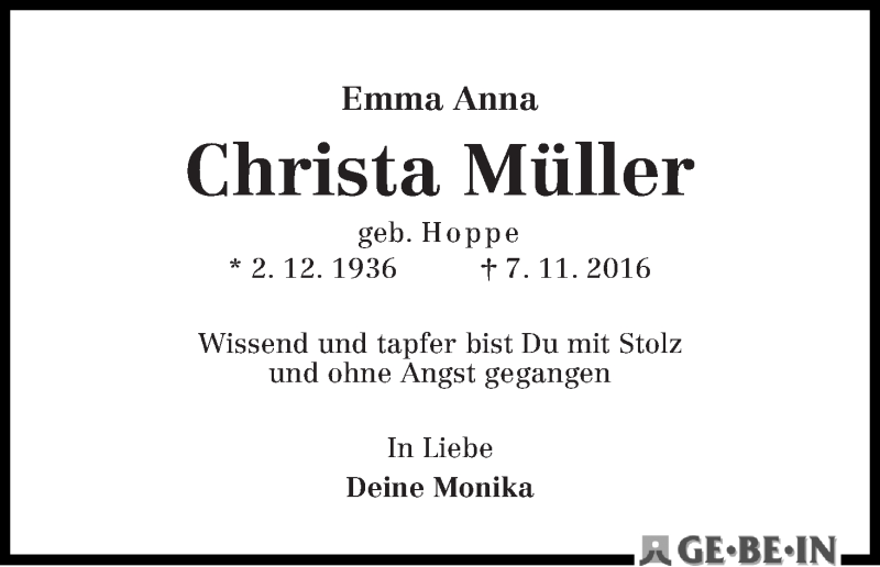  Traueranzeige für Christa Müller vom 26.11.2016 aus Die Norddeutsche