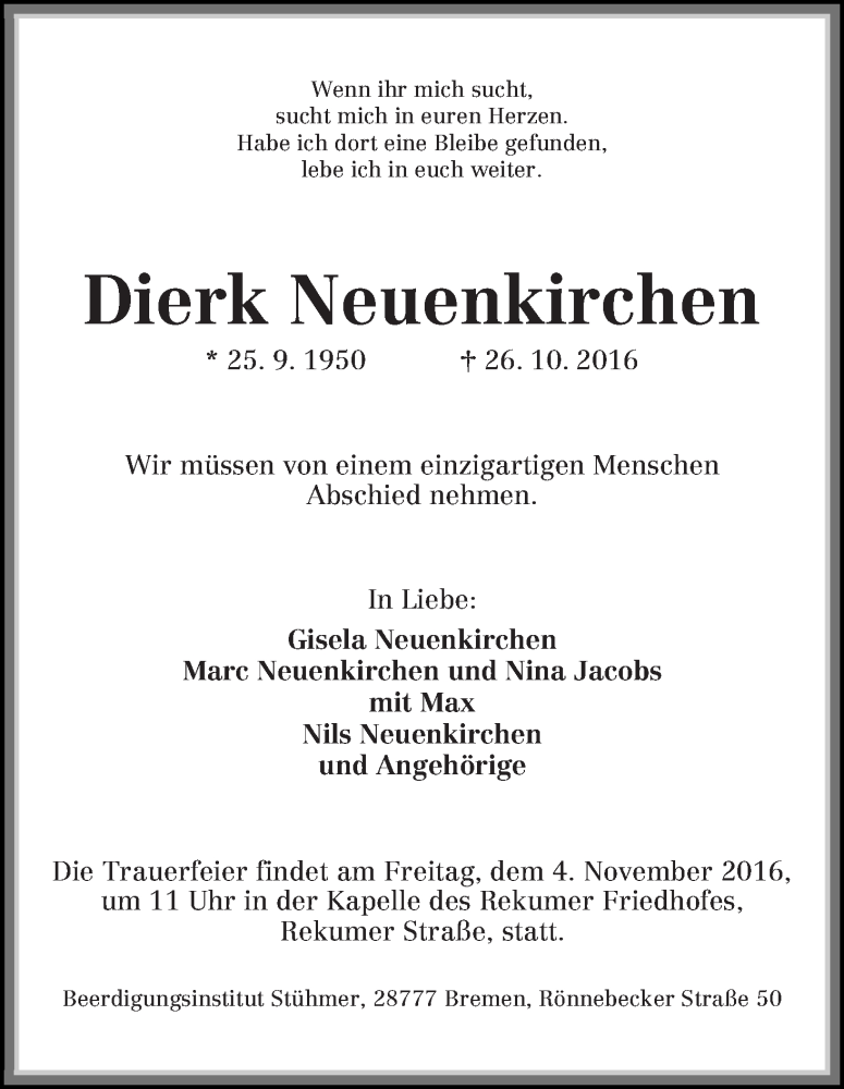 Traueranzeige von Dierk Neuenkirchen von Die Norddeutsche