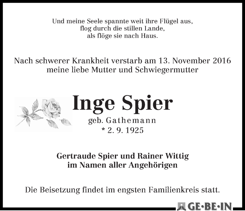 Traueranzeige von Inge Spier von WESER-KURIER