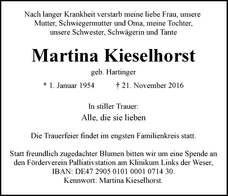 Traueranzeige von Martina Kieselhorst von WESER-KURIER