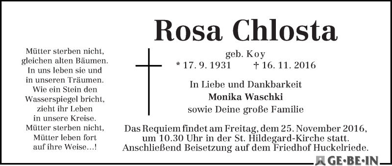 Traueranzeige von Rosa Chlosta von WESER-KURIER