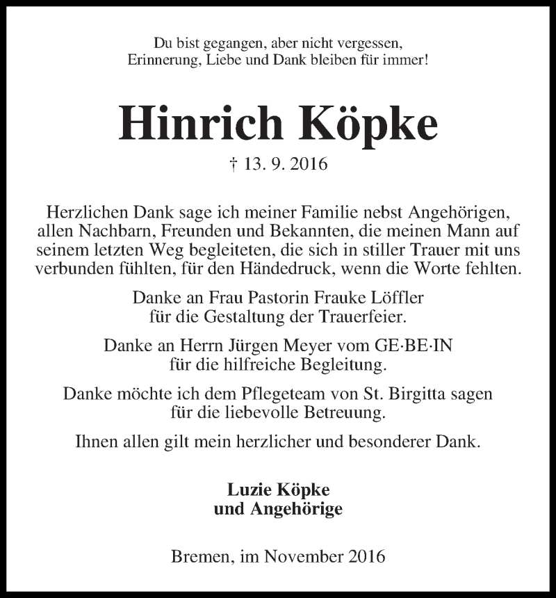 Traueranzeige von Hinrich Köpke von Die Norddeutsche