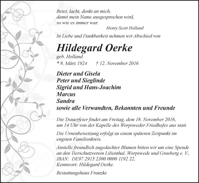 Traueranzeige von Hildegard Oerke von Wuemme Zeitung