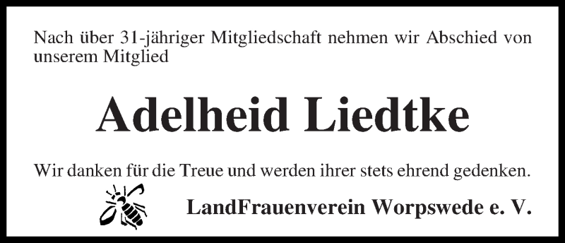 Traueranzeige von Adelheid Liedtke von Wuemme Zeitung