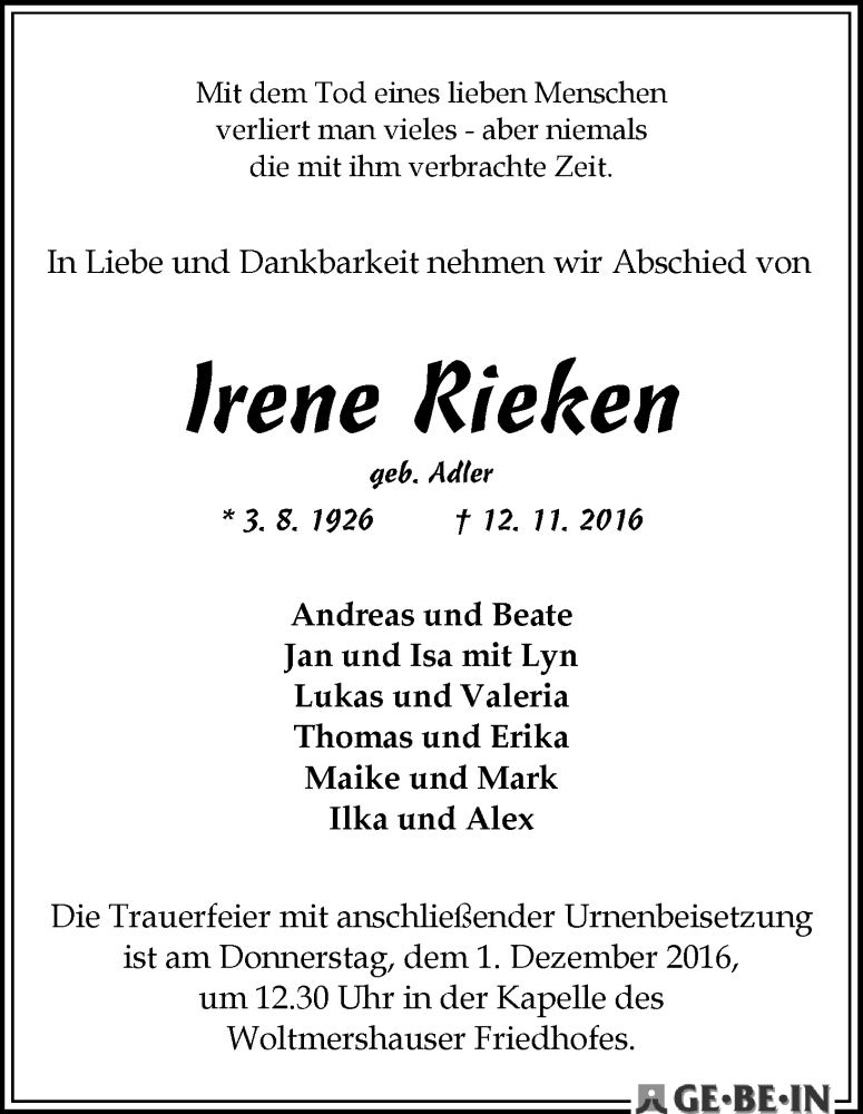 Traueranzeige von Irene Rieken von WESER-KURIER