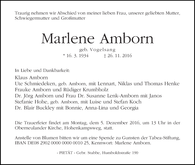 Traueranzeige von Marlene Amborn von WESER-KURIER