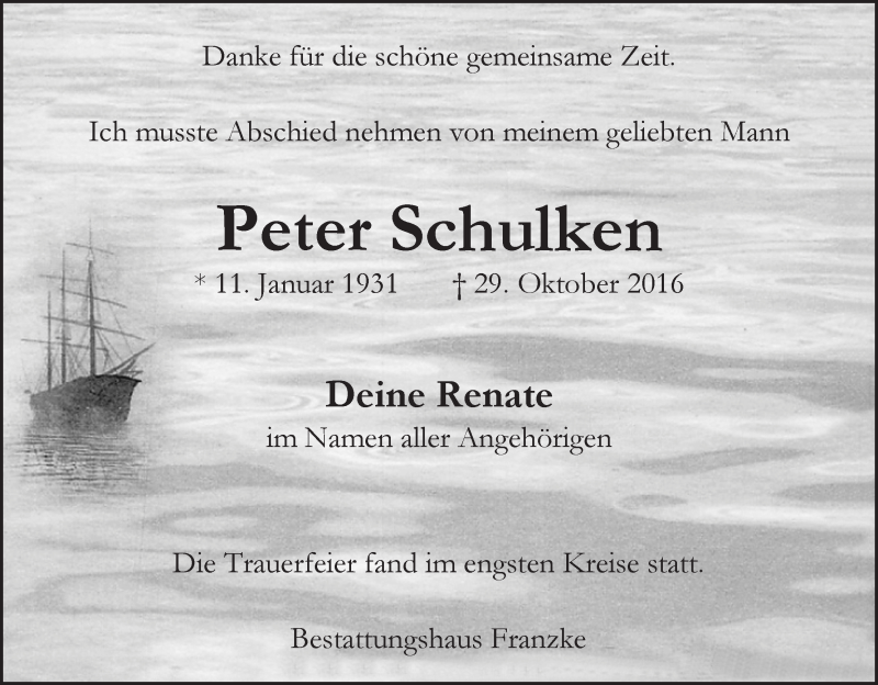 Traueranzeige von Peter Schulken von Wuemme Zeitung