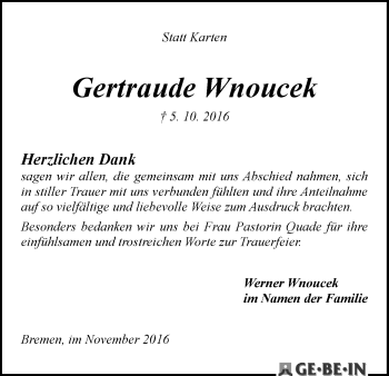 Traueranzeige von Gertraude Wnoucek