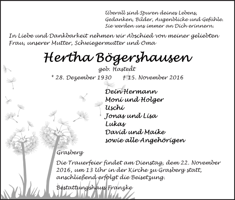 Traueranzeige von Hertha Bögershausen von Wuemme Zeitung