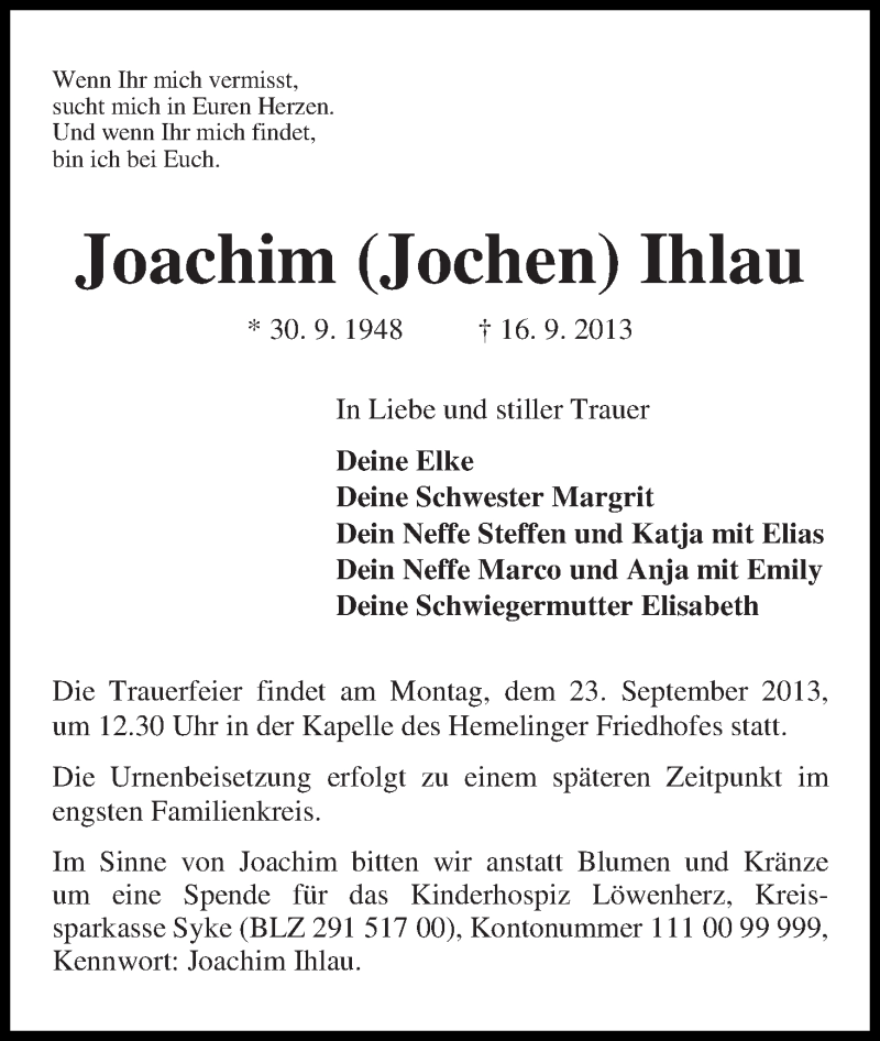  Traueranzeige für Joachim (Jochen) Ihlau vom 20.09.2013 aus WESER-KURIER