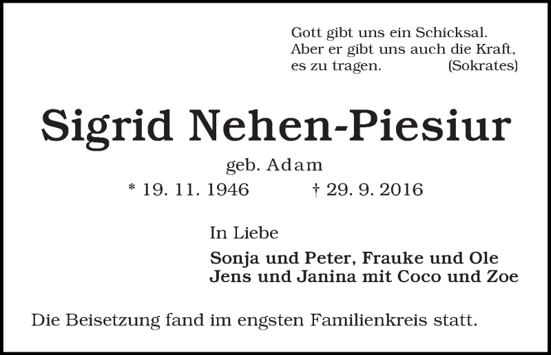 Traueranzeige von Sigrid Nehen-Piesiur von WESER-KURIER