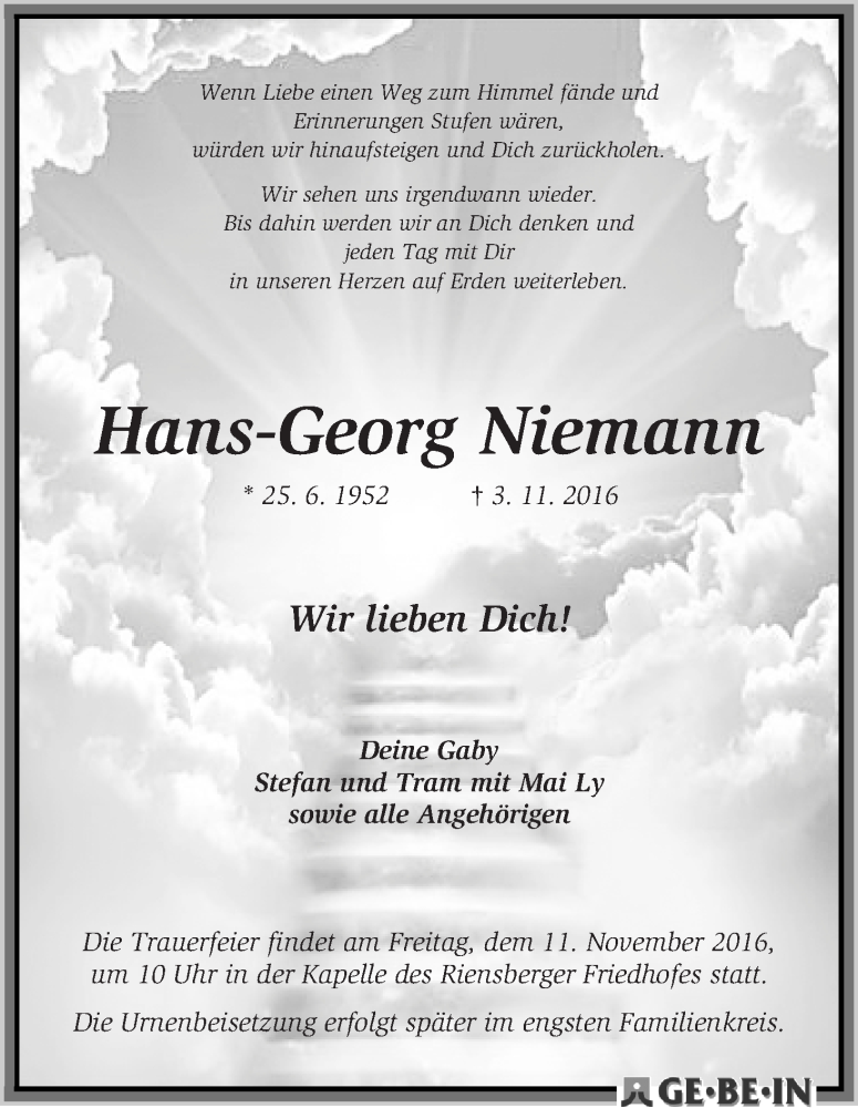  Traueranzeige für Hans-Georg Niemann vom 08.11.2016 aus WESER-KURIER