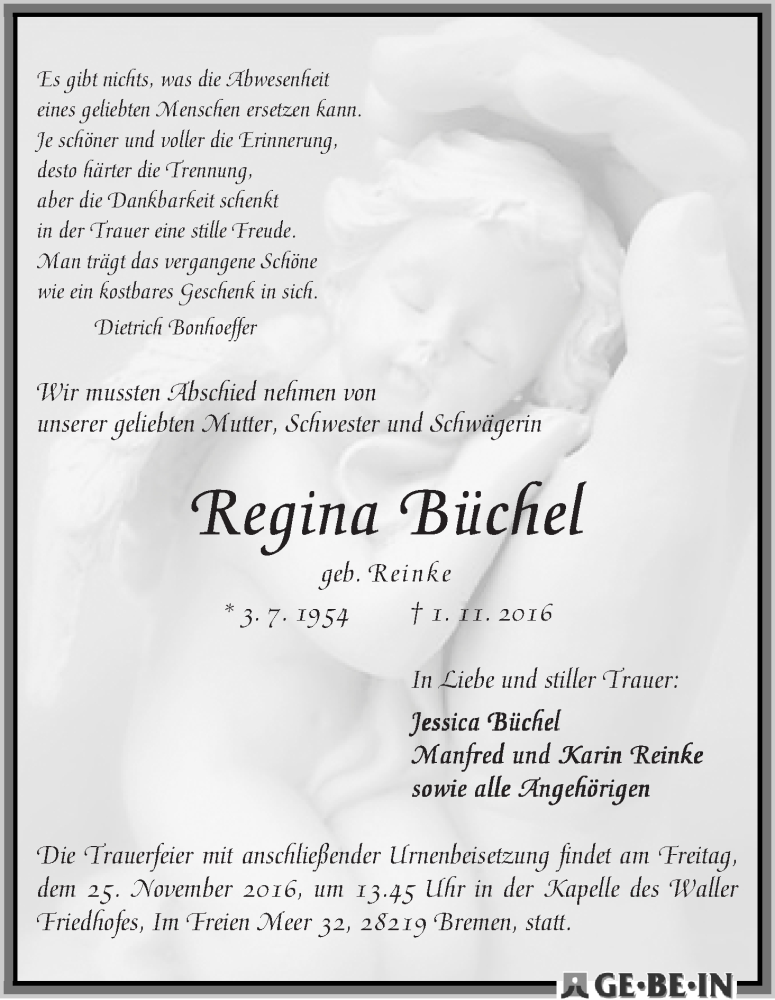 Traueranzeige von Regina Büchel von WESER-KURIER