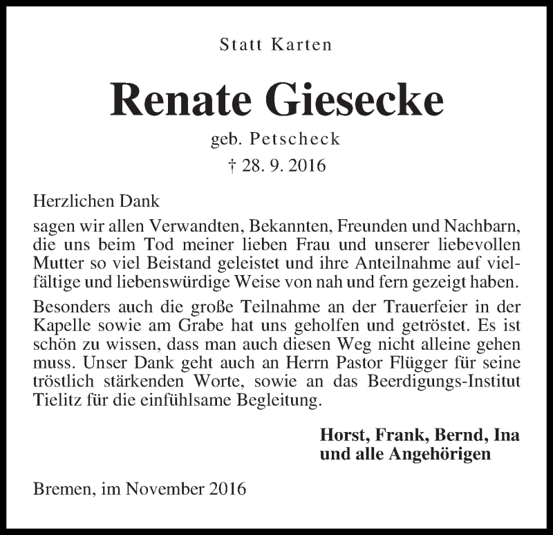 Traueranzeige von Renate Giesecke von WESER-KURIER