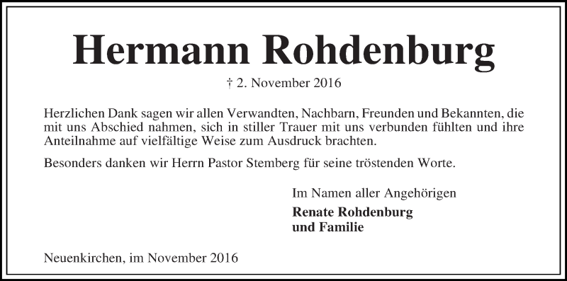 Traueranzeige von Hermann Rohdenburg von Die Norddeutsche