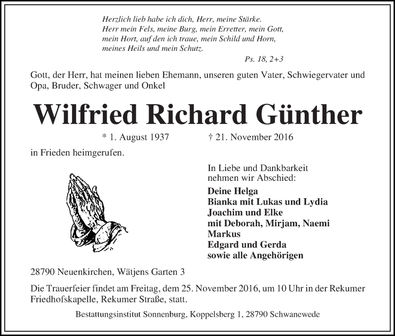 Traueranzeige von Wilfried Richard Günther von Die Norddeutsche