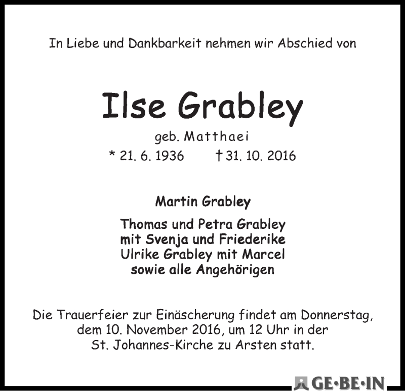 Traueranzeige von Ilse Grabley von WESER-KURIER