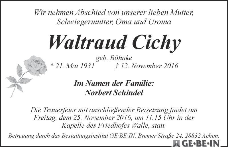 Traueranzeige von Waltraud Cichy von WESER-KURIER