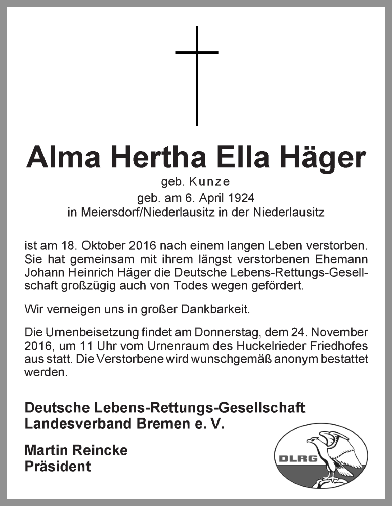 Traueranzeige von Alma Hertha Ella Häger von WESER-KURIER