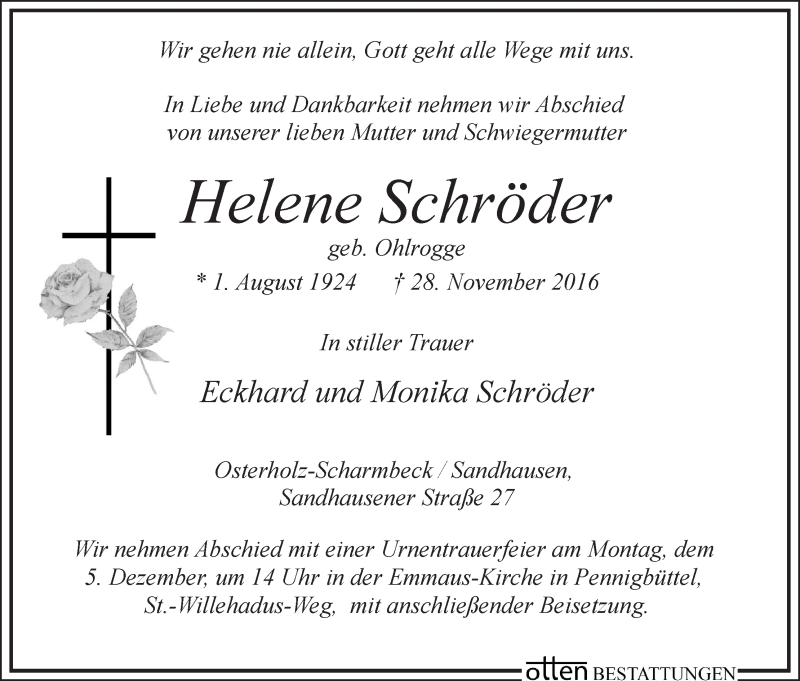 Traueranzeige von Helene Schröder von Osterholzer Kreisblatt
