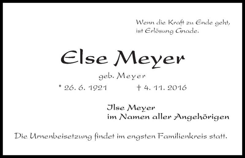 Traueranzeige von Else Meyer von WESER-KURIER