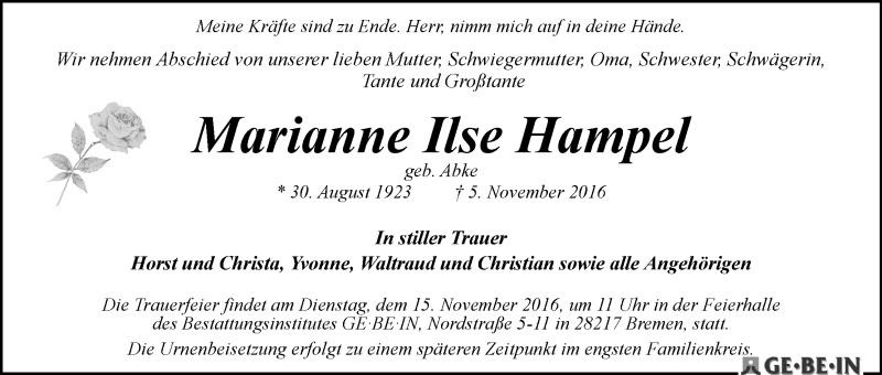 Traueranzeige von Marianne Ilse Hampel von WESER-KURIER