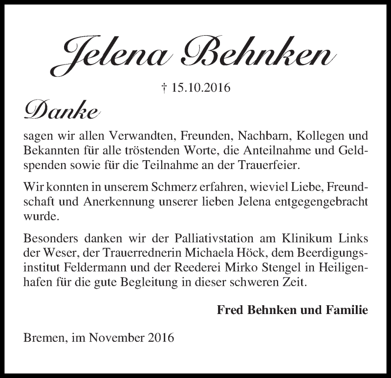  Traueranzeige für Jelena Behnken vom 19.11.2016 aus WESER-KURIER