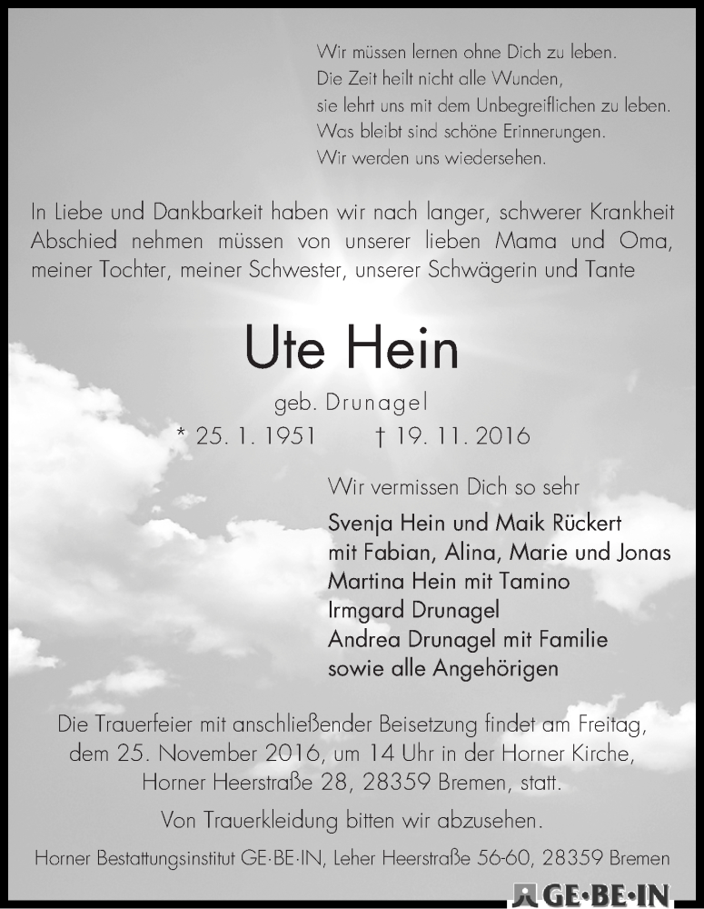 Traueranzeige von Ute Hein von WESER-KURIER