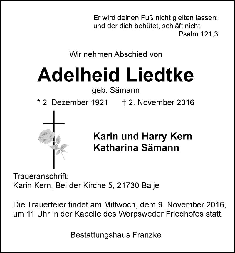 Traueranzeige von Adelheid Liedtke von Wuemme Zeitung