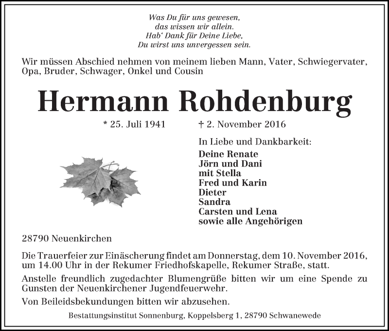 Traueranzeige von Hermann Rohdenburg von Die Norddeutsche