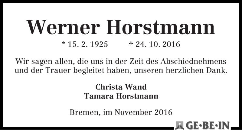 Traueranzeige von Werner Horstmann von WESER-KURIER