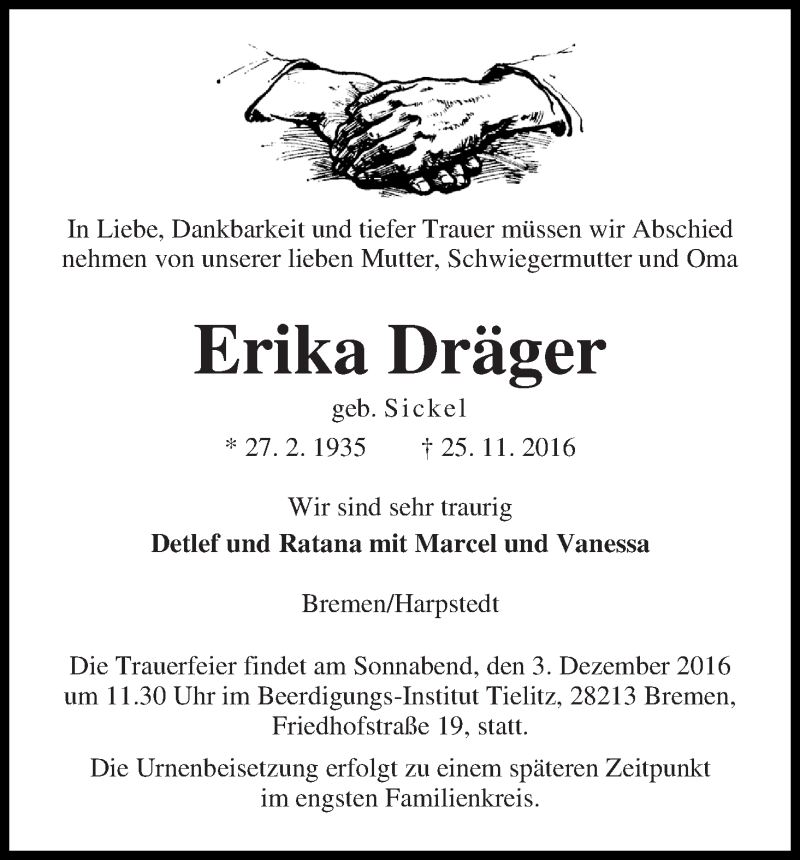 Traueranzeige von Erika Dräger von WESER-KURIER