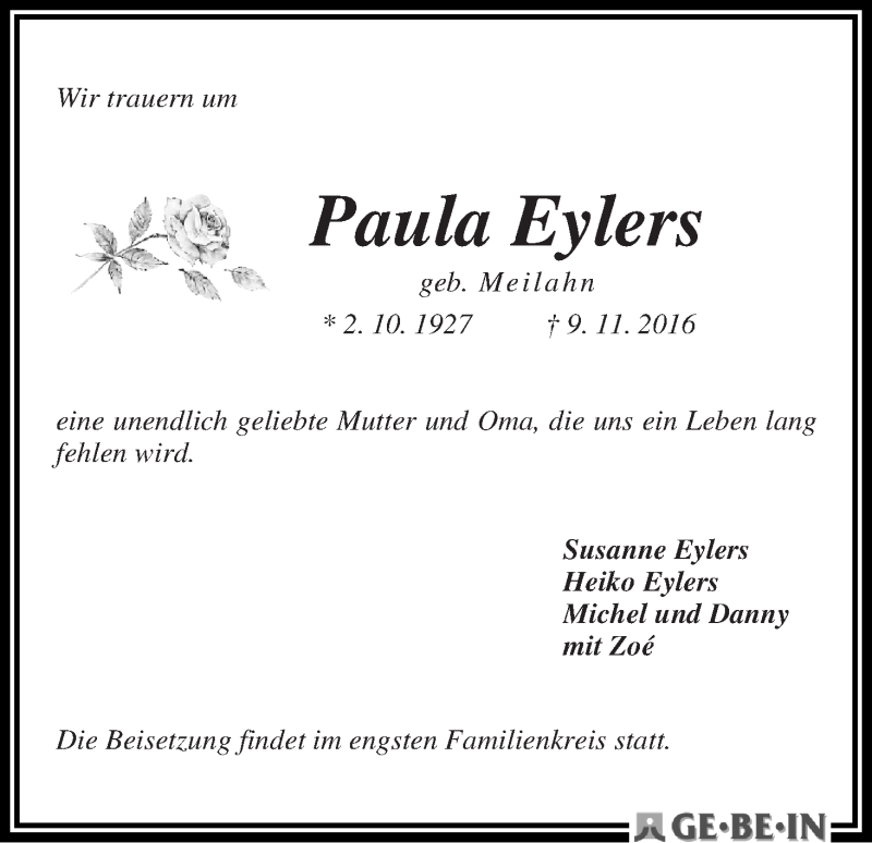Traueranzeige von Paula Eylers von WESER-KURIER