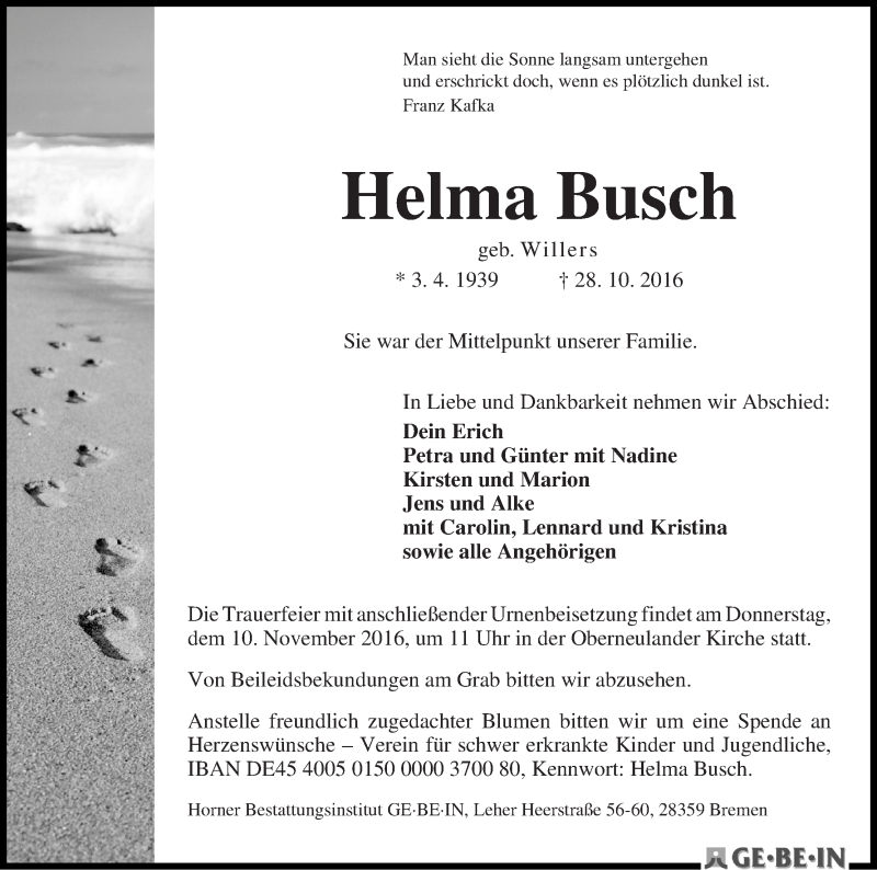 Traueranzeige von Helma Busch von WESER-KURIER