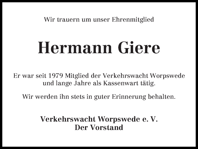 Traueranzeige von Hermann Giere von Wuemme Zeitung