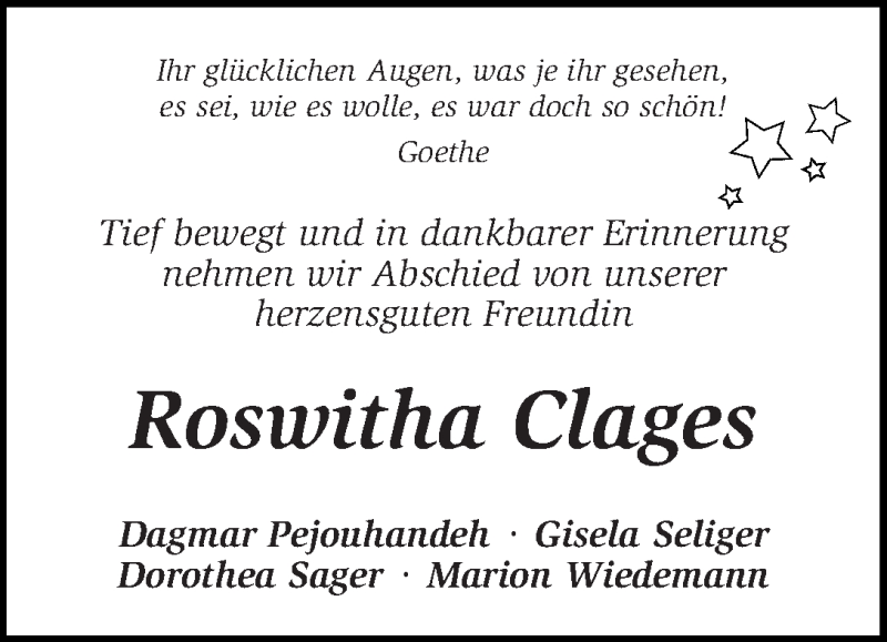 Traueranzeige von Roswitha Clages von WESER-KURIER