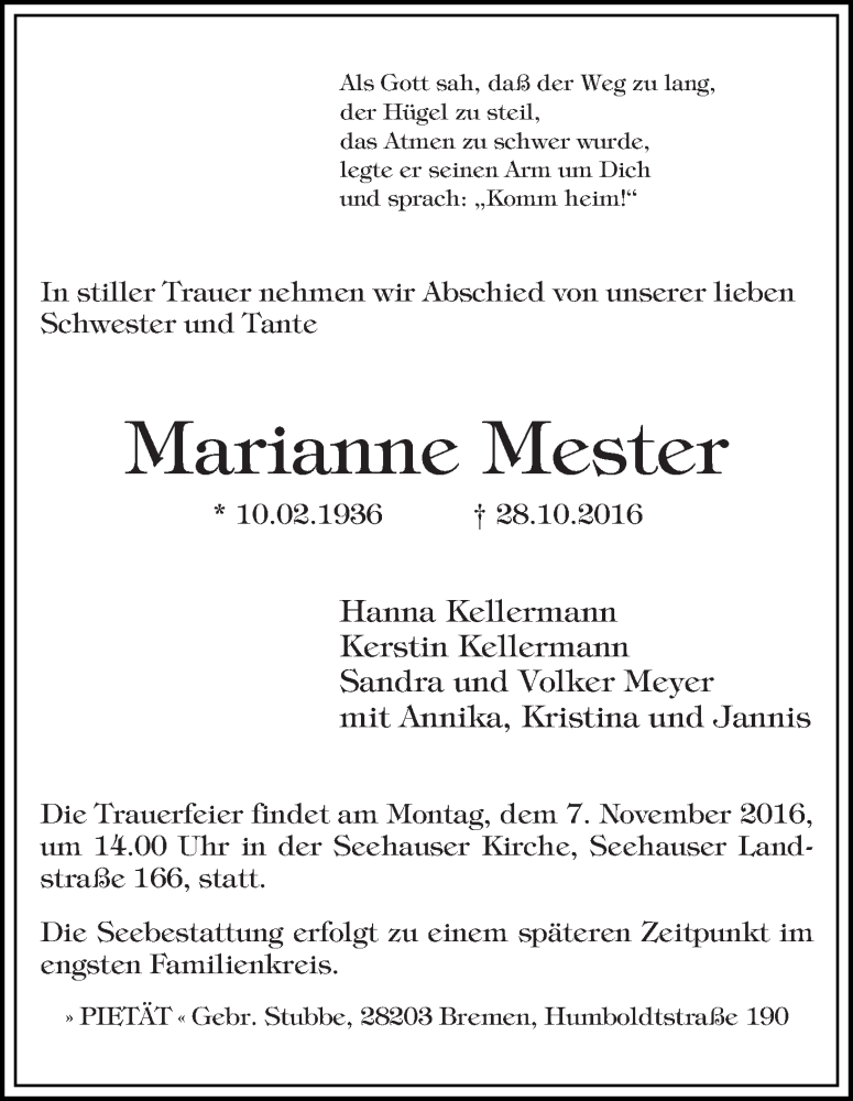 Traueranzeige von Marianne Mester von WESER-KURIER