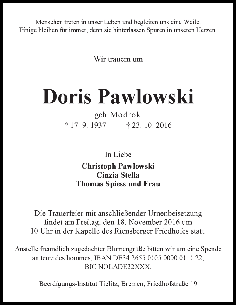 Traueranzeige von Doris Pawlowski von WESER-KURIER